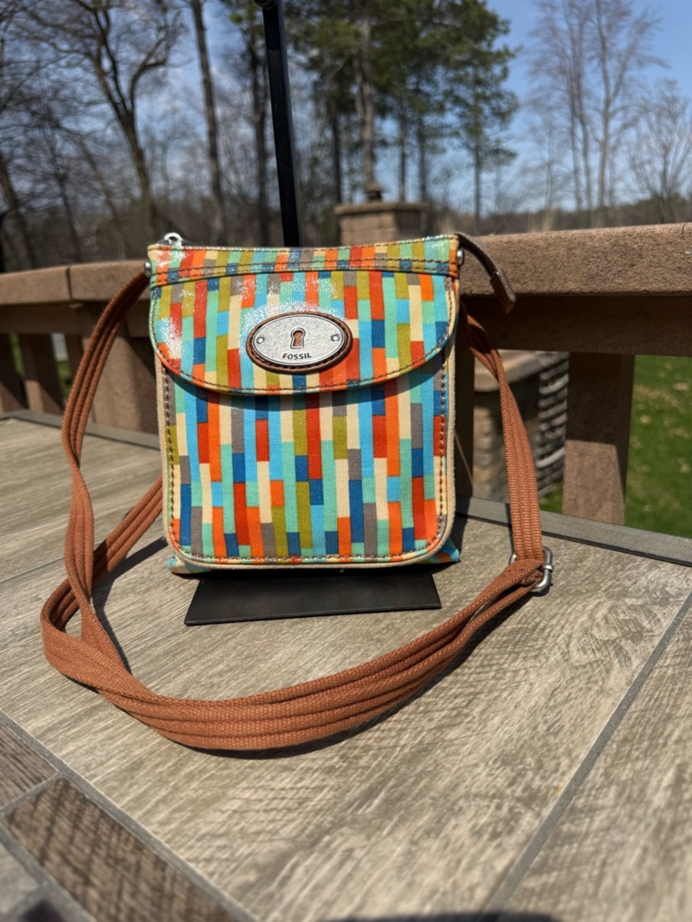 EUC Fossil Key-Per Geometric Striped Pattern Vintage Crossbody Bag - Picture 3 of 12